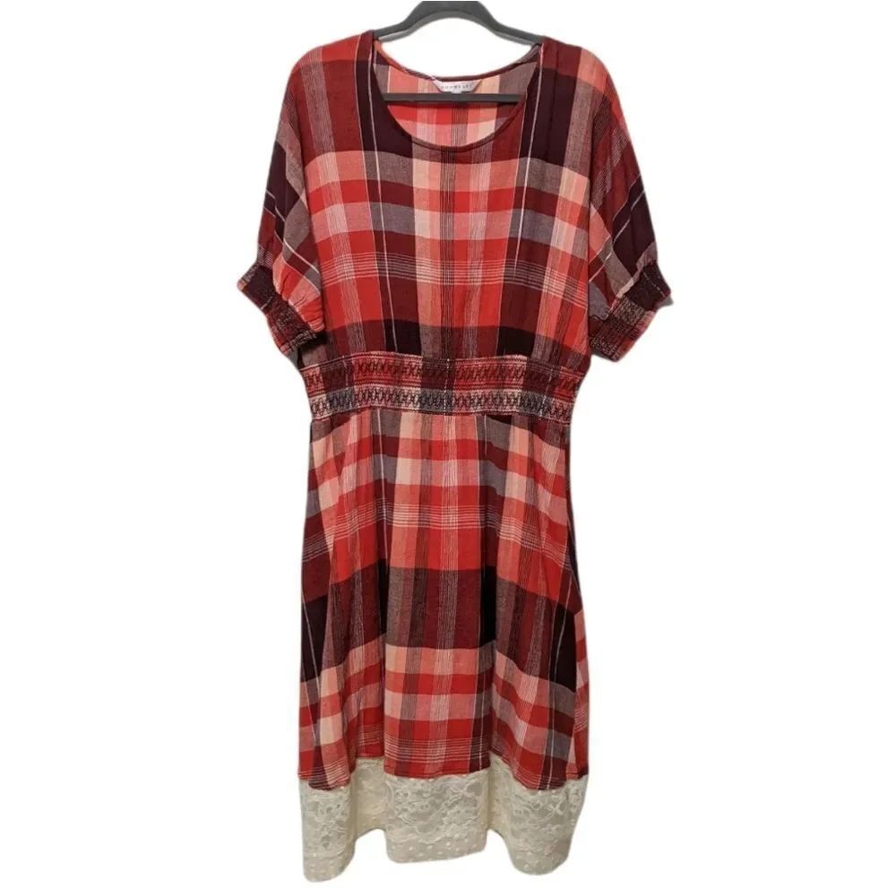 DOWNEAST Red Plaid Smocked Lace Hem Dress L